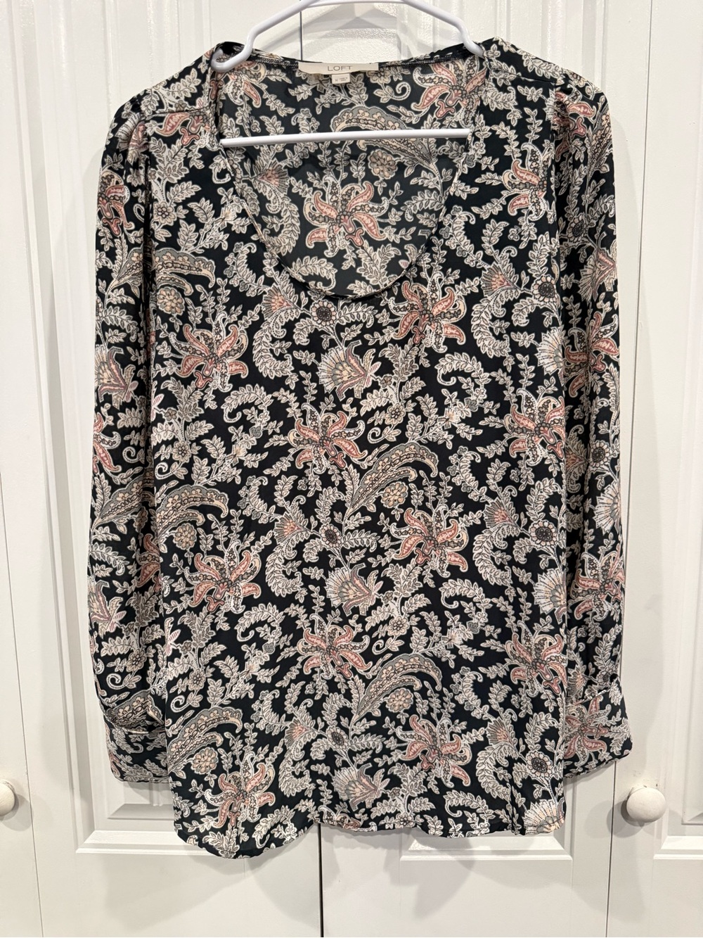 LOFT Black Paisley Print Top with Neutral Accents Size Medium